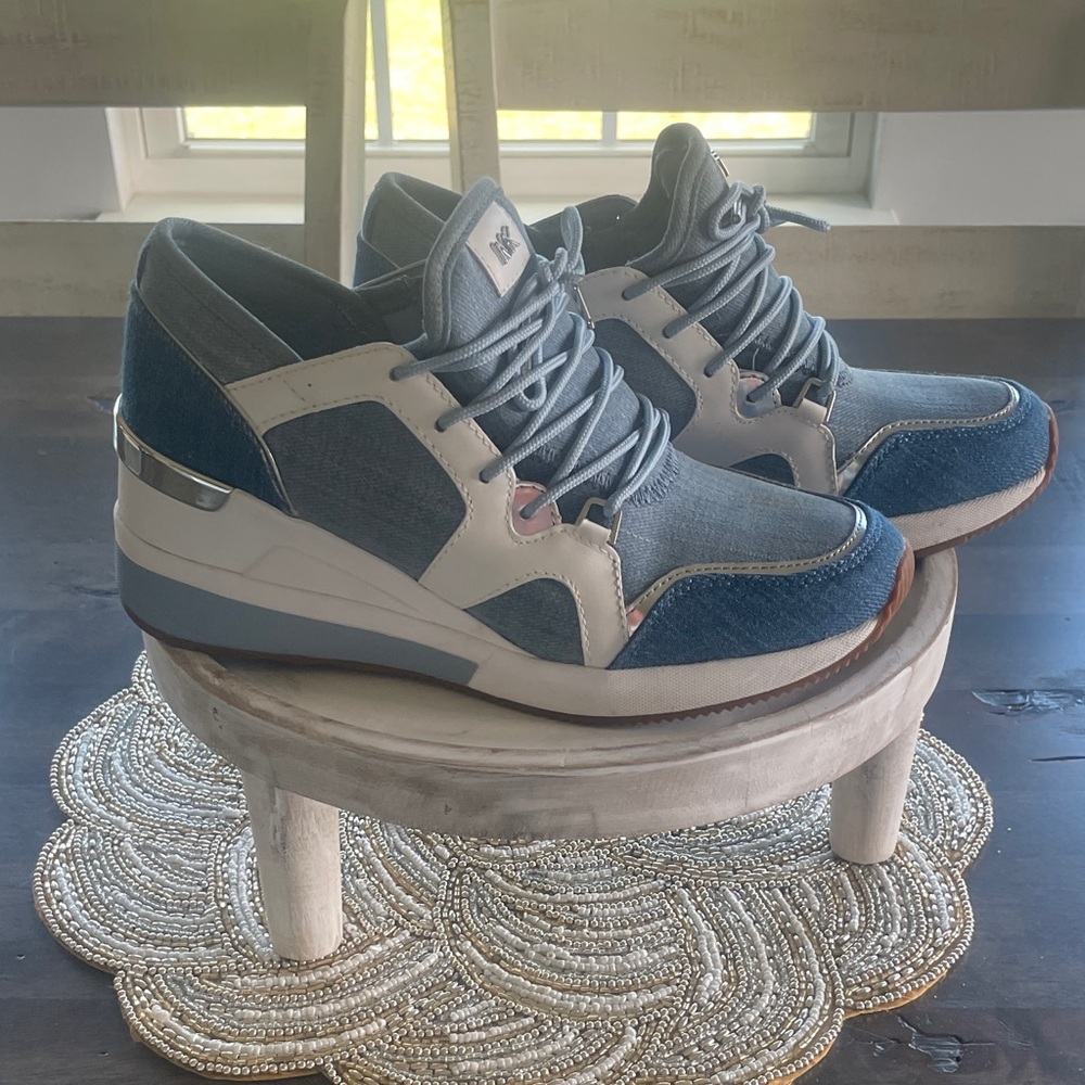 Michael Kors Liv Patchwork Denim and Gray Lace-Up Wedge Sneakers